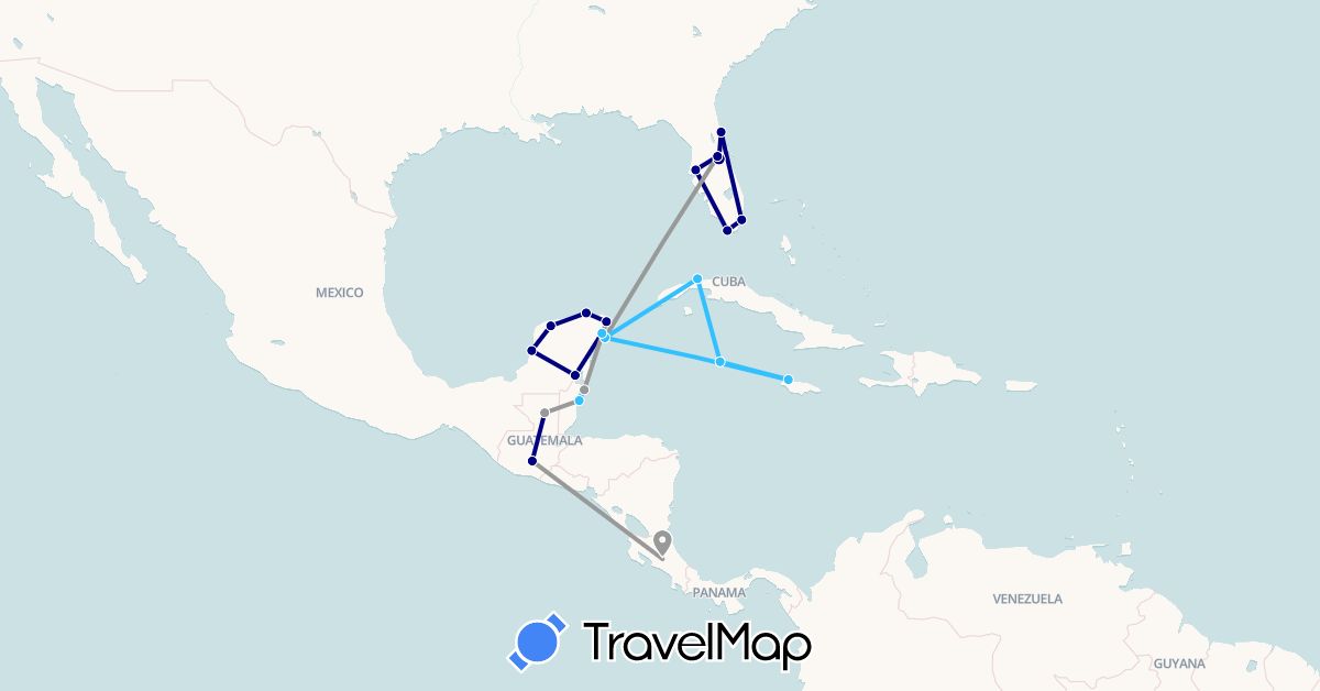 TravelMap itinerary: driving, plane, boat in Belize, Costa Rica, Cuba, Guatemala, Jamaica, Cayman Islands, Mexico, United States (North America)